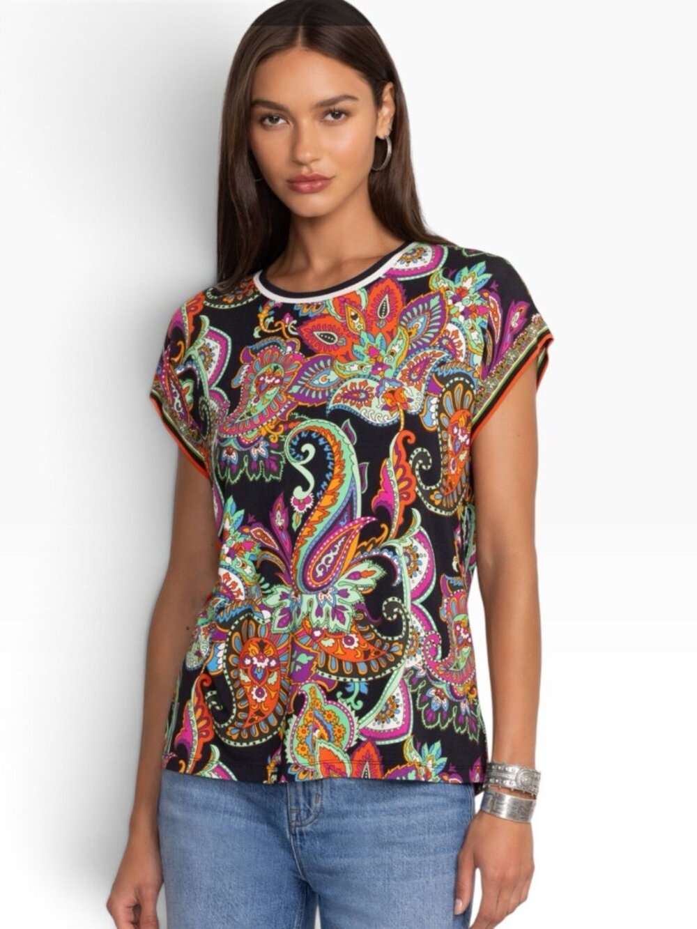 Johnny Was Janie Favorite Relaxed Tee siz Large Cachemir Scarf Print